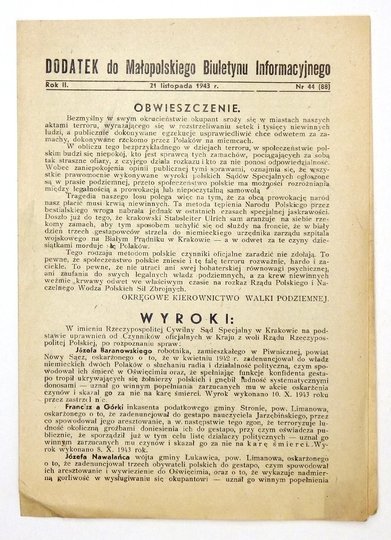 MAŁOPOLSKI Biuletyn Informacyjny. [Kraków. AK]. Czasopismo konspiracyjne. R. 2, nr 45 (89): 28 XI 1943. 