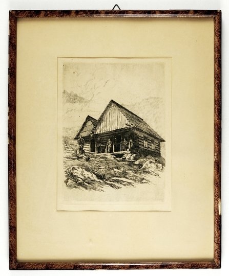 SCHRONISKO Towarzystwa Tatrzańskiego na Hali Gąsienicowej - akwaforta W. Eliasza-Radzikowskiego z teki &quot;Studia z Tatr&quot; z 1904