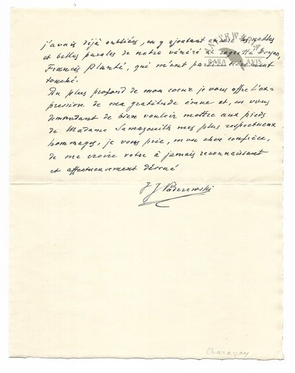 [PADEREWSKI Ignacy Jan]. Odręczny list Ignacego Jana Paderewskiego po francusku do francuskiego kompozytora Gustawa Samazeuilha, dat. 12 VIII 1937, wysłany z Morges w Szwajcarii.