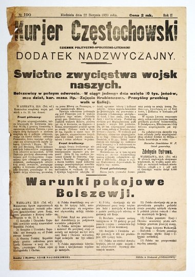 KURJER Częstochowski. Dziennik polityczno-społeczno-literacki. R. 2, nr 190. Dodatek nadzwyczajny: 22 VIII 1920.