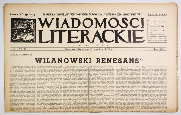 [Bruno Schulz] Wiadomości Literackie. R. 14, nr 18 (704): 25 IV 1937. s. 8.