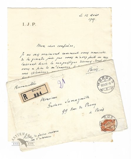 [PADEREWSKI Ignacy Jan]. Odręczny list Ignacego Jana Paderewskiego po francusku do francuskiego kompozytora Gustawa Samazeuilha, dat. 12 VIII 1937, wysłany z Morges w Szwajcarii.