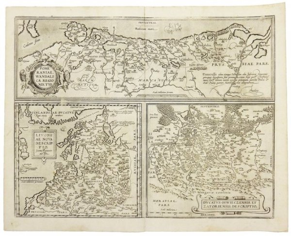 [POMORZE, INFLANTY, KSIĘSTWO OŚWIĘCIMSKO-ZATORSKIE]. Pomeraniae, Wandalicae regionis. typ.; Livoniae nova descriptio; Dvcatvs Oswieczensis, et Zatoriensis, descriptio. Trzy miedzioryty form. 16,2x49,8, 21,8x24,4 i 21,8x24,3 cm na wspólnym arkuszu.