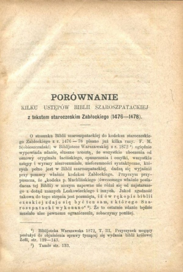 Malinowski Lucjan - Porównanie kilku ustępów Biblii Szaroszpatackiej z tekstem staroczeskim Zabłockiego (1476-1478)