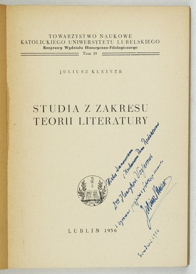 KLEINER Juliusz - Studia z zakresu teorii literatury. Odręczna dedykacja autora