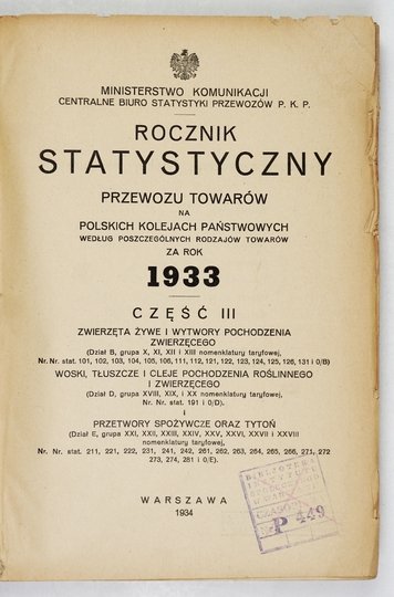 ROCZNIK statystyczny przewozu towarów na Polskich Kolejach Państwowych za rok 1933. Cz. 3: Zwierzęta żywe i wytwory pochodzenia zwierzęcego [...] Woski, tłuszcze i oleje pochodzenia roślinnego i zwierzęcego [...] Przetwory spożywcze oraz tytoń [...]