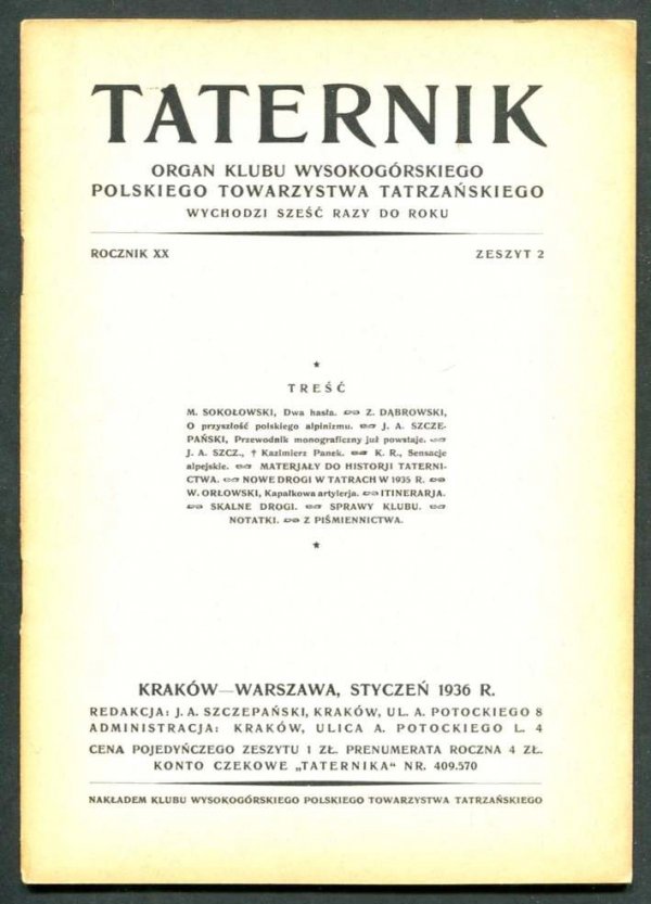 Taternik. Organ Klubu Wysokogórskiego Polskiego Towarzystwa Tatrzańskiego. R. 20: 1936, nr 2