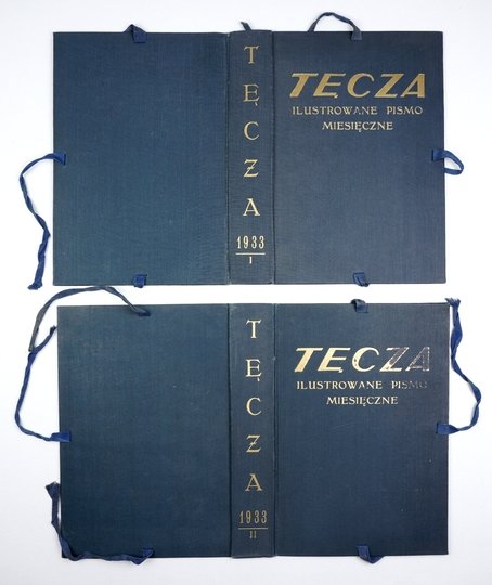 [TEKI na rocznik ilustrowanego pisma &quot;Tęcza&quot; 1933]. Dwie teki płócienne ze złoceniami na licu oprawy oraz na grzbiecie