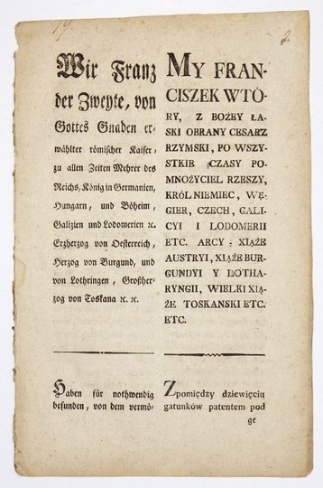 MY FRANCISZEK Wtory [...]. Zpomiędzy dziewięciu gatunków patentem [...] wprowadzonych, i teraz będących wiedeńsko-mieyskich bankocetli uznaliśmy potrzebę wyłączenia pięćdziesiąt ryńskowych, i cofnienia ich z powszechnego kursu [...]. 