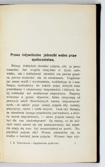 DWORZACZEK I[gnacy] K[arol] - Zagadnienia społeczne. Szkice i studja