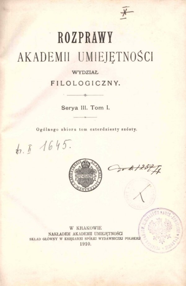 Rozprawy Akademii Umiejętności, Wydział Filologiczny, S.III, t.1