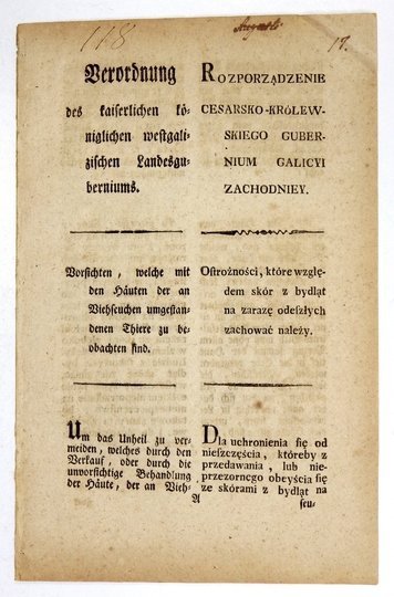 ROZPORZĄDZENIE Cesarsko-Królewskiego Gubernium Galicyi Zachodniey. Ostrożności, które względem skór z bydląt na zarazę odeszłych zachować należy [...].