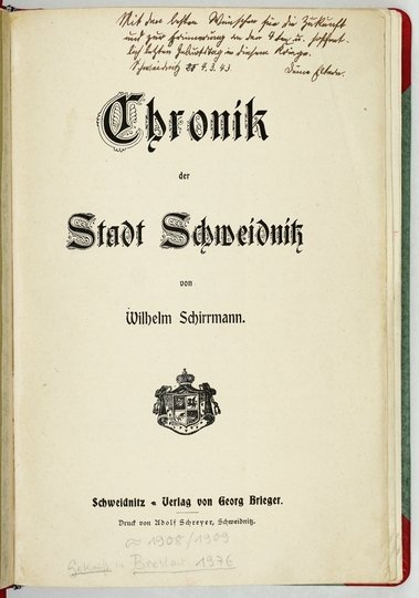 SCHIRRMANN Wilhelm - Chronik der Stadt Schweidnitz.