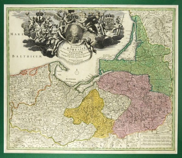[PRUSY]. Regnum Borussiae Gloriosis auspicijs Serenissimi [...] Friderici III Primi Borussiae Regis [...] Geographice cum vicinis Regionibus adumbratum. Miedzioryt kolorowany form. 48,2x57 cm