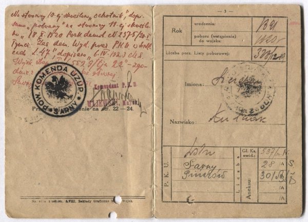 KSIĄŻECZKA wojskowa. Książeczka wystawiona Szczepanowi Kulczakowi 6 V 1923.