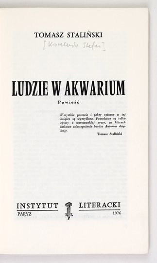 [KISIELEWSKI Stefan]. Tomasz Staliński [pseud.] - Ludzie w akwarium. Powieść [Biblioteka Kultury]