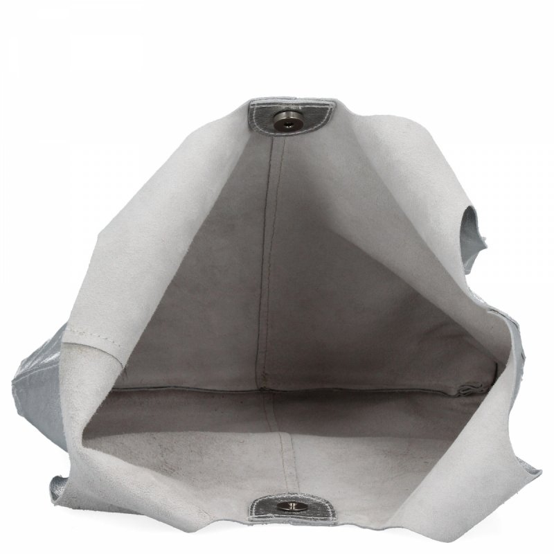 Torebka Skórzana Shopper Bag z Kosmetyczką Srebrna