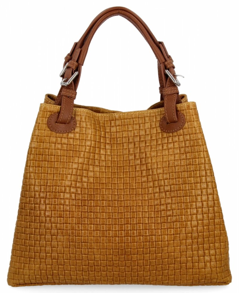 Stylowa Torebka Skórzana Shopper Bag Musztarda