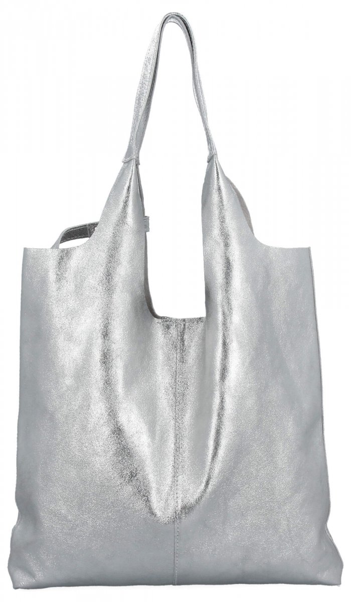 Torebka Skórzana Shopper Bag z Kosmetyczką Srebrna