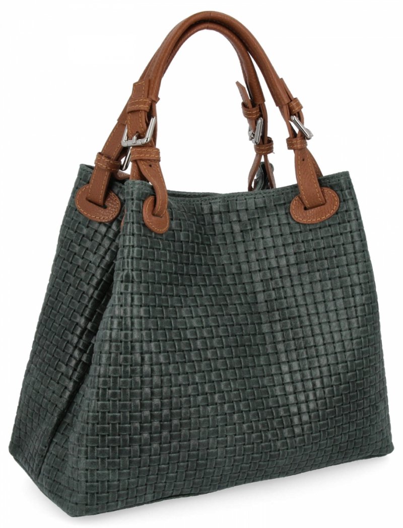 Stylowa Torebka Skórzana Shopper Bag Butelkowa Zieleń