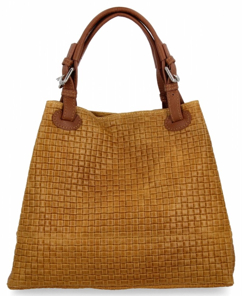Stylowa Torebka Skórzana Shopper Bag Musztarda