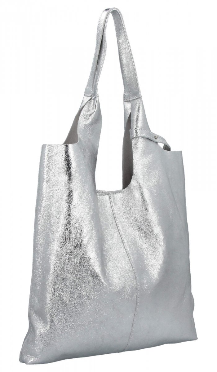 Torebka Skórzana Shopper Bag z Kosmetyczką Srebrna