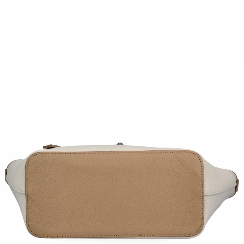 Elegancka Torebka Skórzana Shopper Bag Beżowa/Ciemno Beżowa