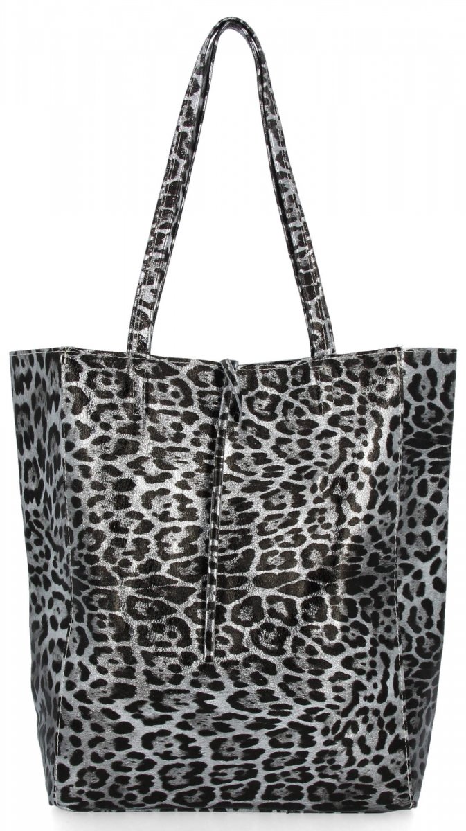 Stylowa Torebka Skórzana Shopper Bag z Kosmetyczką Srebrna