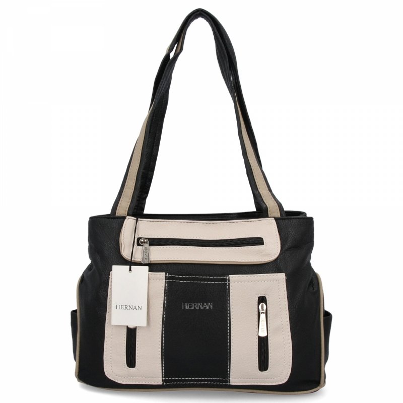 Dwukomorowa Torebka Damska Shopper Bag firmy Hernan Czarna/Beżowa