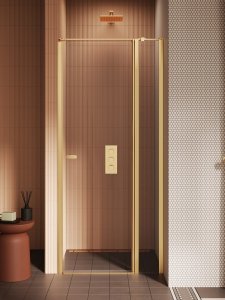 Drzwi wnękowe NEW SOLEO GOLD BRUSHED 1D U 110x195 szkło czyste 6mm Active Shield 2.0 - z elementem stałym  - wsp. Równoległy D-0773A-WK