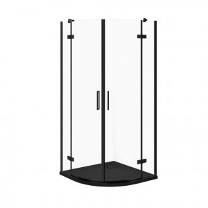CERSANIT - SET C631 - Kabina półokrągła CITY by Cersanit 90x90X195 czarna szkło transparentne + brodzik TAKO Slim czarny mat  S4004-094