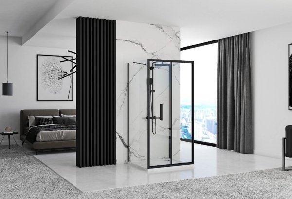 REA - Kabina Prysznicowa Przyścienna RAPID FOLD Black - Czarna /drzwi 100 + ścianka 80 x2 + ramię x2