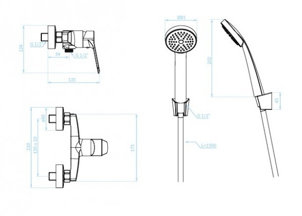 KUCHINOX - Bateria natryskowa ATEZ ścienna z zestawem natryskowym Czarna BTK_041D 