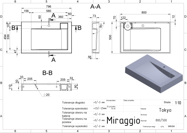 MIRAGGIO Umywalka na pralkę 80x50 TOKYO matowa 0000584
