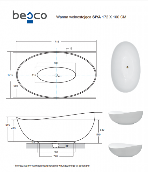 BESCO Wanna wolnostojąca Siya Glam 172x100 srebrna + klik-klak chrom #WMD-172-SS