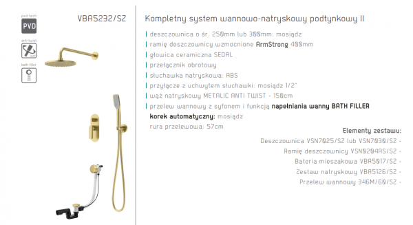 VEDO System wannowo-natr. podtynkowy deszczownica 250mm II ALETTA SPAZZO złoto szczotkowane/ Nr KAT: VBA5232/SZ