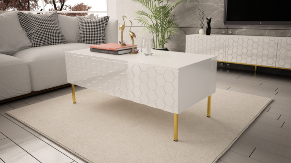 MEGSTYL ŁAWA 120CM NA ZŁOTYCH NÓŻKACH - biały połysk HEXA 3
