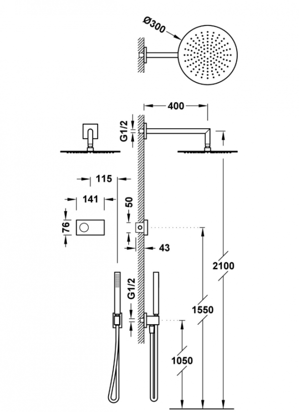 TRES SHOWER TECHNOLOGY Zestaw elektronicznej baterii termostatycznej podtynkowej 2-drożnej Shower technology prysznicowej-09286558
