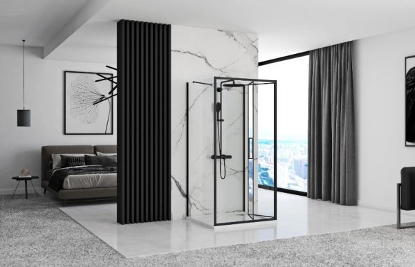 REA - Kabina Prysznicowa Przyścienna RAPID FOLD Black - Czarna /drzwi 100 + ścianka 100 x2 + ramię x2