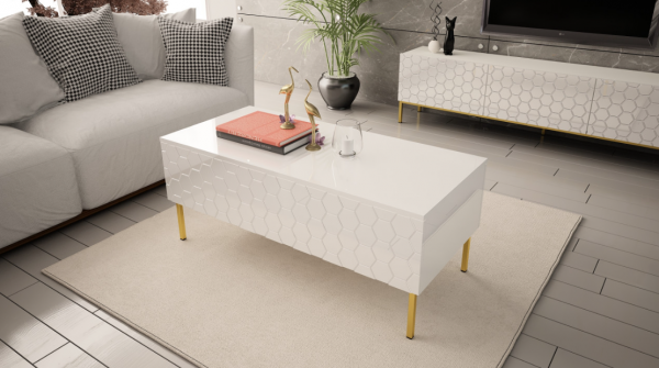 MEGSTYL ŁAWA 120CM NA ZŁOTYCH NÓŻKACH - biały połysk HEXA 3