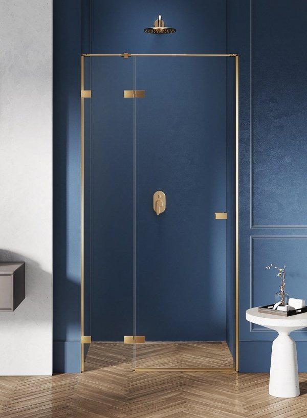 NEW TRENDY Drzwi wnękowe AVEXA GOLD BRUSHED 1D P 90x200 szkło czyste 6mm Active Shield 2.0 złoto szczotkowane EXK-1717