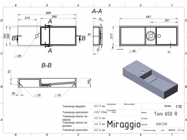 MIRAGGIO Umywalka 65x22 TONI 650 R (MATT) 8814239