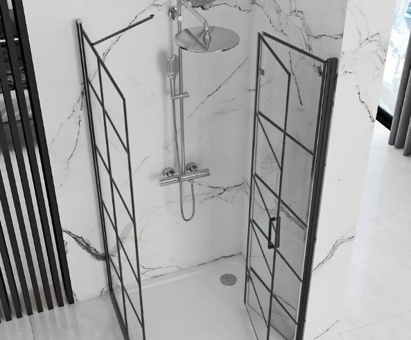 REA - Kabina prysznicowa przyścienna narożna MOLIER Black / Czarna - drzwi 80 ścianka 90