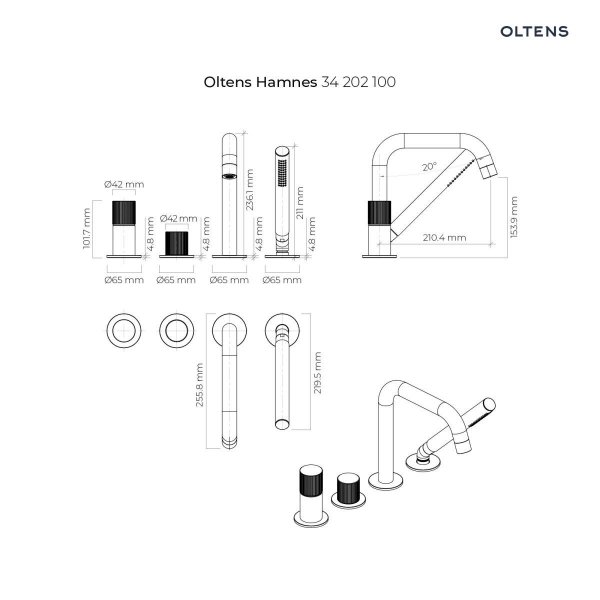 Oltens Hamnes bateria wannowo-prysznicowa 4-otworowa kompletna czarny mat 34202300