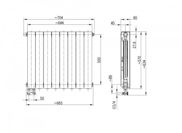 ARMATURA KRAKÓW KFA Grzejnik aluminiowy ADR500/D/8 z dolnym lewym zasilaniem kątowym 763-083-44