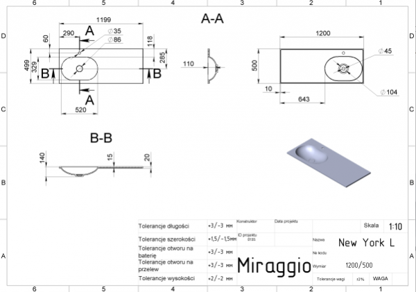 MIRAGGIO Umywalka z blatem 120x50 NEW YORK L 0000220