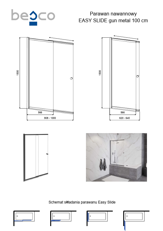 BESCO Parawan wannowy przesuwny 100x150 Easy Slide Gun Metal 100 PESGM-2S