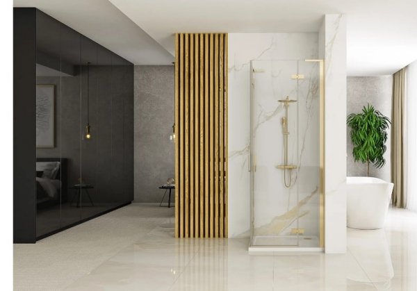 REA - Kabina narożna - drzwi podwójne prysznicowe składane, łamane HUGO DOUBLE 80x90 Gold / Złota 