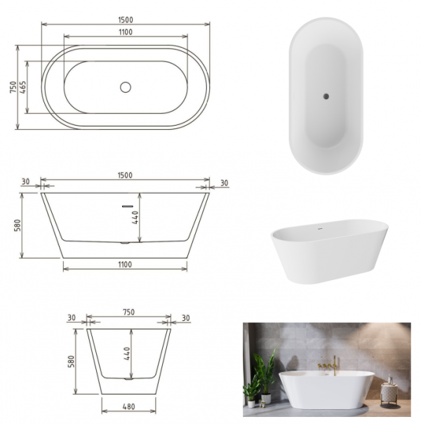 BESCO Wanna wolnostojąca Deeva 150x75 + maskownica odpływu biała #WWA-150-DBI