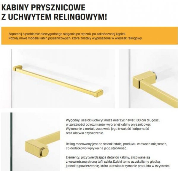 NEW TRENDY Kabina ścianka WALK-IN AVEXA GOLD SHINE z wieszakiem relingowym 100x200 EXK-3227